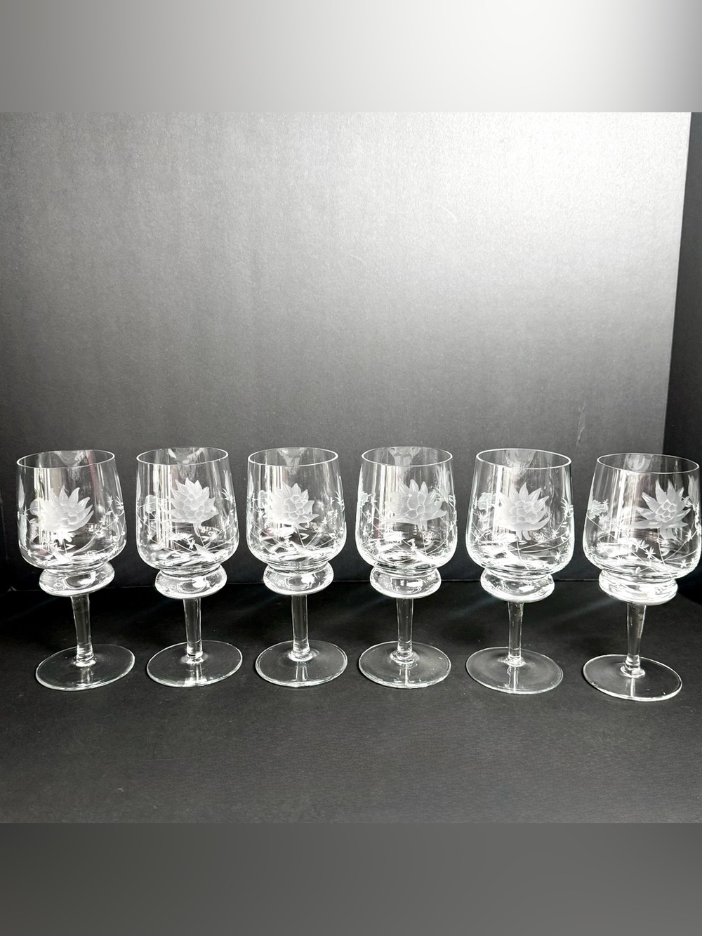 Vintage Romanian Crystal Etched Lotus Flowers & Vines Handmade Glasses Set Of 6